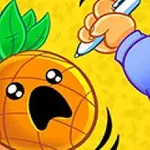 Zobrazuje vystrašený ananás držiaci v ruke osobou v modrom rukáve, pričom druhá ruka drží pero