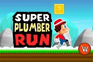Karikatúrna postavička v červeno-modrom oblečení beží na trávnatom povrchu s nápisom Super Plumber Run na modrom pozadí a žltým blokom s otáznikom v pozadí