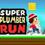 Karikatúrna postavička v červeno-modrom oblečení beží na trávnatom povrchu s nápisom Super Plumber Run na modrom pozadí a žltým blokom s otáznikom v pozadí