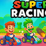 Traja veselí postavičky na motokárach s nápisom Super Racing na farebnom pozadí s prírodnými a závodnými motívmi