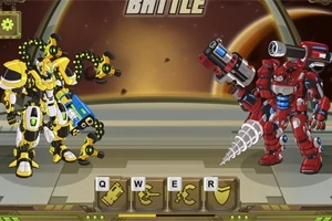 Dva futuristické roboty, jeden žltý a druhý červený, sa stretávajú v aréne s ovládacími ikonami a kozmickým pozadím