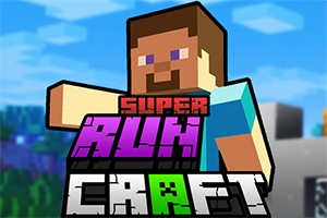 Postava s blokovým vzhľadom v modrom tričku a nápisom Super Run Craft v popredí