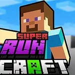 Postava s blokovým vzhľadom v modrom tričku a nápisom Super Run Craft v popredí