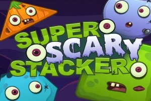 Farebné strašidlá s veľkými očami a textom „Super Scary Stacker“ na tmavom pozadí