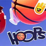 Ilustrácia muža s výraznou tvárou sledujúceho letiacu basketbalovú loptu na modrom pozadí s textom Hoops
