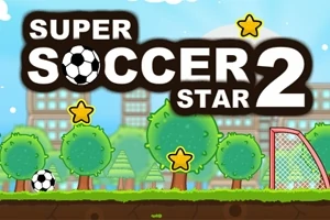 Grafika s nápisom Super Soccer Star 2, s futbalovou loptou, stromami, hviezdičkami a futbalovou bránkou na pozadí