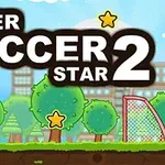 Grafika s nápisom Super Soccer Star 2, s futbalovou loptou, stromami, hviezdičkami a futbalovou bránkou na pozadí