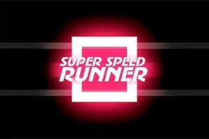 Ružovo-biely text SUPER SPEED RUNNER pred svietiacim čiernym a ružovým pozadím s pruhmi