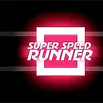 Ružovo-biely text SUPER SPEED RUNNER pred svietiacim čiernym a ružovým pozadím s pruhmi