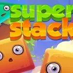 Farebné geometrické tvary s očami a názov super stack na farebnom pozadí