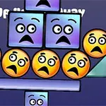 Farebné geometrické tvary s tvárami s vystrašeným výrazom na tmavomodrom pozadí