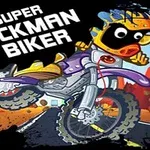Kreslený motorkár na terénnej motorke v púštnom prostredí s nápisom Super Stickman Biker