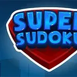 Nápis Super Sudoku na červenom pozadí s obrysom mrakodrapov v pozadí