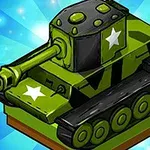 Zelený kreslený tank s bielymi hviezdami na modrom žiarivom pozadí