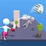 Dve kreslené postavičky na platforme, kde jedna postavička hádže kreslený predmet smerom k druhej