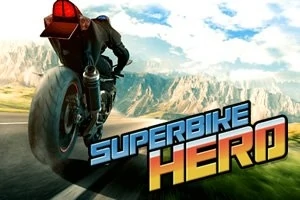 Motorka na kľukatej ceste s horami v pozadí a nápisom Superbike Hero