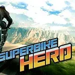 Motorka na kľukatej ceste s horami v pozadí a nápisom Superbike Hero