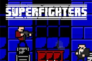 Dvaja pixelovaní postavičky v akčnej scéne s jednoliatym modrým pozadím a názvom SUPERFIGHTERS hore
