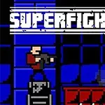Dvaja pixelovaní postavičky v akčnej scéne s jednoliatym modrým pozadím a názvom SUPERFIGHTERS hore