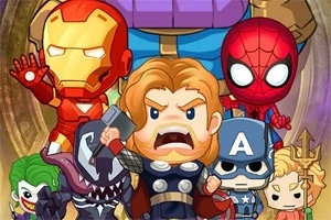 Kreslení superhrdinovia v rôznych kostýmoch v chibi štýle v skupinovej póze