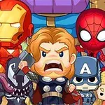 Kreslení superhrdinovia v rôznych kostýmoch v chibi štýle v skupinovej póze