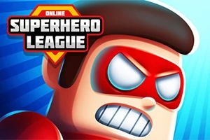 Kreslená postava superhrdinu v červenej maske s výrazným výrazom tváre a nápis Superhero League v ľavom hornom rohu