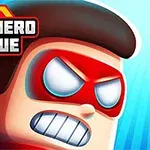 Kreslená postava superhrdinu v červenej maske s výrazným výrazom tváre a nápis Superhero League v ľavom hornom rohu
