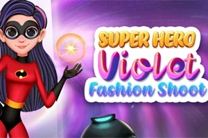 Ilustrovaný superhrdina v červenom obleku s čiernou maskou drží žiariacu guľu, vedľa farebného nápisu Super Hero Violet Fashion Shoot