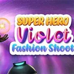 Ilustrovaný superhrdina v červenom obleku s čiernou maskou drží žiariacu guľu, vedľa farebného nápisu Super Hero Violet Fashion Shoot