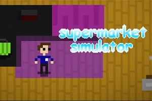 Pixelová postava stojí na fialovom pozadí vedľa nápisu supermarket simulator