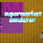 Pixelová postava stojí na fialovom pozadí vedľa nápisu supermarket simulator