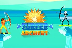 Dvaja lukostrelci na surfovacích doskách v oceáne s nápisom Surfer Archers a slnkom v pozadí