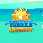Dvaja lukostrelci na surfovacích doskách v oceáne s nápisom Surfer Archers a slnkom v pozadí