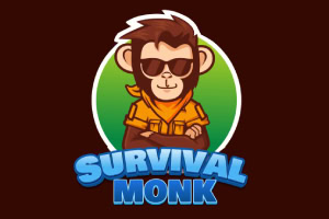 Opica v slnečných okuliaroch a oranžovej bunde s nápisom Survival Monk na hnedom pozadí