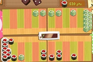 Stolová hra s farebnými pruhmi a rôznymi druhmi sushi