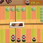 Stolová hra s farebnými pruhmi a rôznymi druhmi sushi