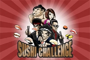 Päť kreslených postáv v rôznych pózach obklopených kúskami sushi na červenom pozadí