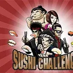 Päť kreslených postáv v rôznych pózach obklopených kúskami sushi na červenom pozadí