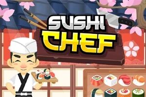 Šéfkuchár v bielom odeve s podnosom sushi pred japonsky tematizovanou pozadím s kuchynskými nožmi a kvetmi sakury