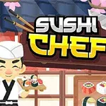 Šéfkuchár v bielom odeve s podnosom sushi pred japonsky tematizovanou pozadím s kuchynskými nožmi a kvetmi sakury