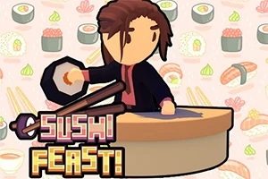 Kreslená postavička s hnedými vlasmi stojí pri sushi bare s nápisom Sushi Feast na pozadí so vzorom sushi