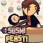 Kreslená postavička s hnedými vlasmi stojí pri sushi bare s nápisom Sushi Feast na pozadí so vzorom sushi