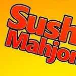 Nápis Sushi Mahjong na žltom pozadí s japonskými znakmi