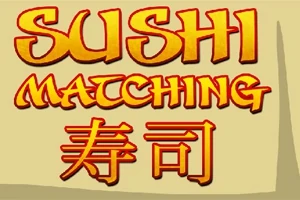 Nápis Sushi Matching v žlto-červenom prevedení s japonskými znakmi na béžovom pozadí