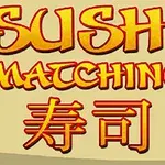 Nápis Sushi Matching v žlto-červenom prevedení s japonskými znakmi na béžovom pozadí
