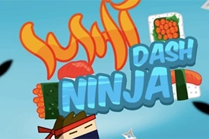 Farebná grafika s nápisom Sushi Dash Ninja na modrom pozadí s ilustráciami sushi a ninja motívov