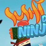 Farebná grafika s nápisom Sushi Dash Ninja na modrom pozadí s ilustráciami sushi a ninja motívov