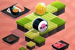 Usmiata rolka sushi na zelených kockách s mincou a rôznymi druhmi jedla v okolí