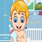 Usmievajúce sa dieťa s blond vlasmi drží fľašu v detskej izbe s postieľkou a nápisom Sweet Babies Differences
