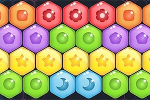 Farebná mozaika hexagonálnych dlaždíc s rôznymi symbolmi ako kvety, hviezdy a mesiace